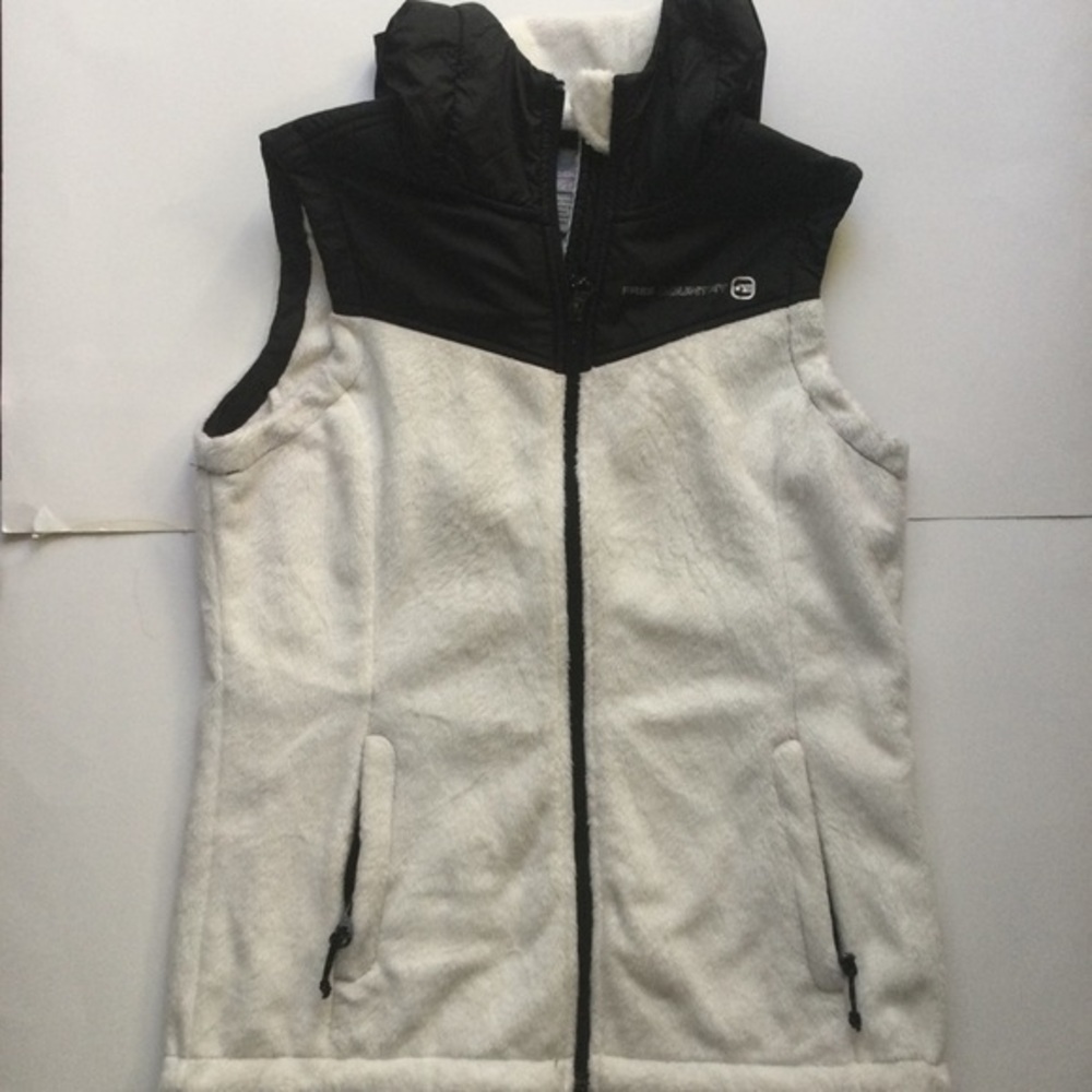 Free Country White Fleece With Black Trim Zip Front Vest Size Small Womens